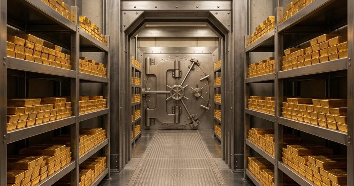 Concept illustration of unbranded gold ingots on shelves inside a steel vault