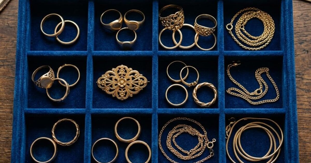 Concept illustration of estate gold rings, chains and a brooch separated in a blue velvet tray
