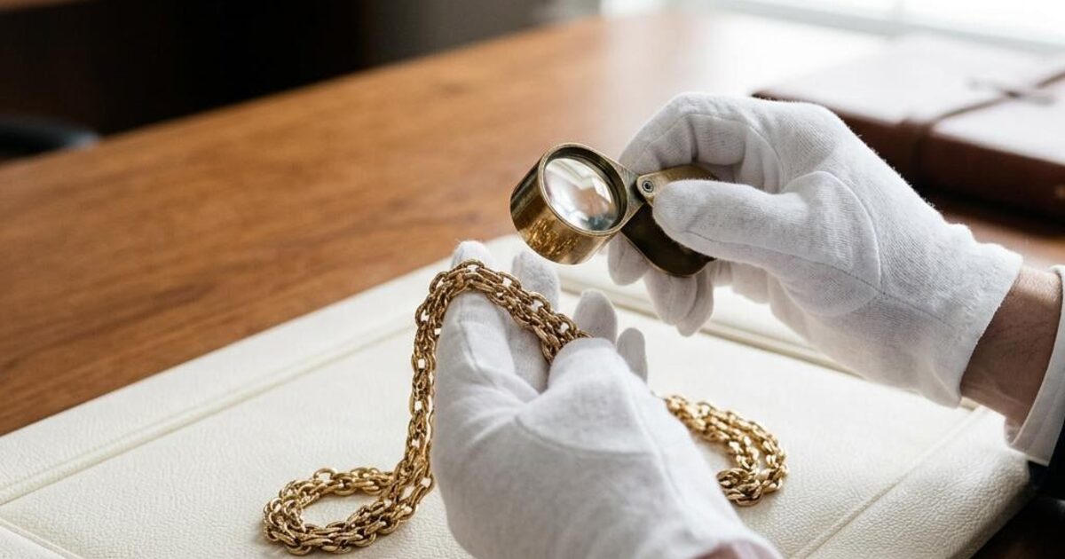 Concept illustration of cotton-gloved hands examining a gold necklace through a jeweler's loupe