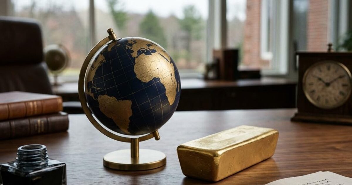 Concept illustration of a blue globe and a gold ingot on a walnut desk