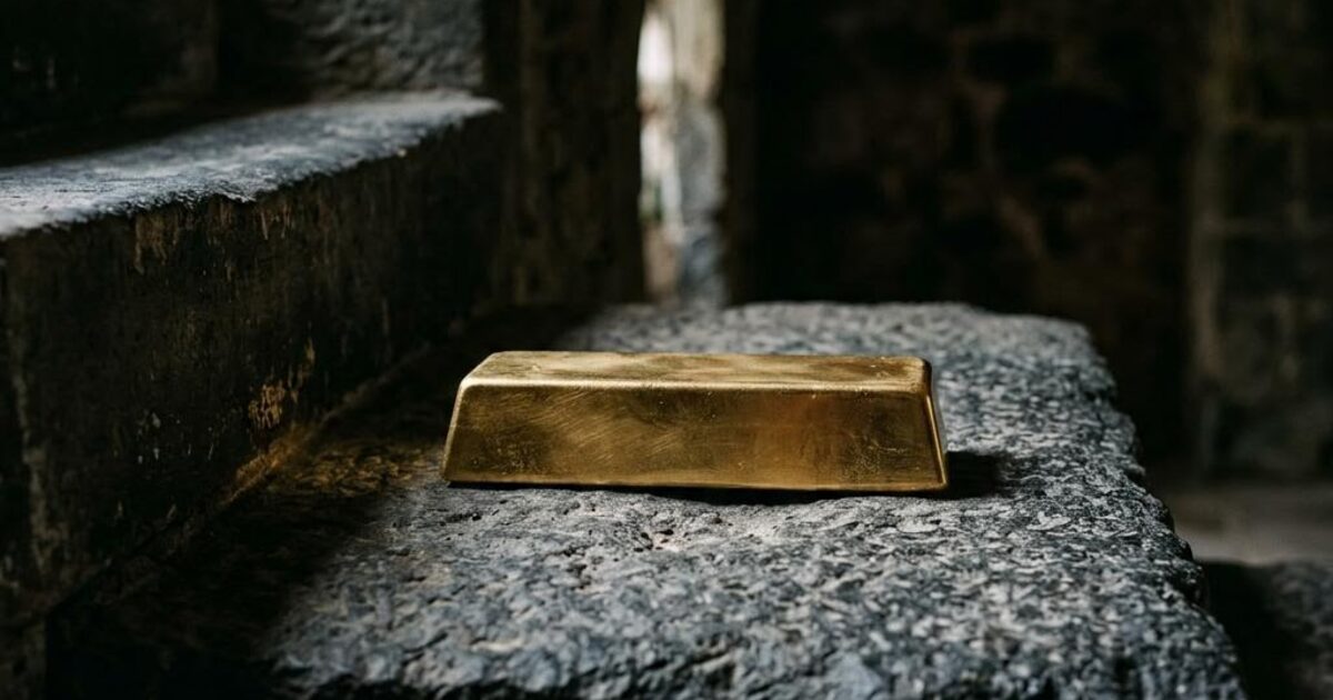 Concept illustration of a single gold ingot beside a shadowed basalt step