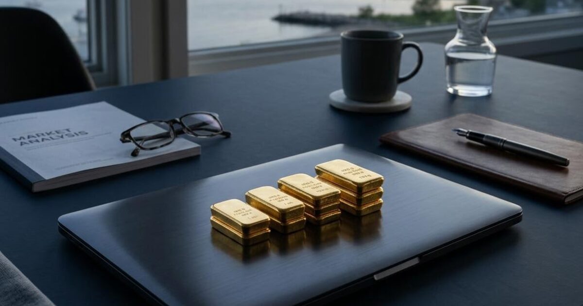Concept illustration of gold bars reflected in a closed laptop on a navy desk