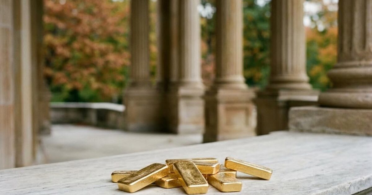 Concept illustration of gold bars beside generic neoclassical stone columns