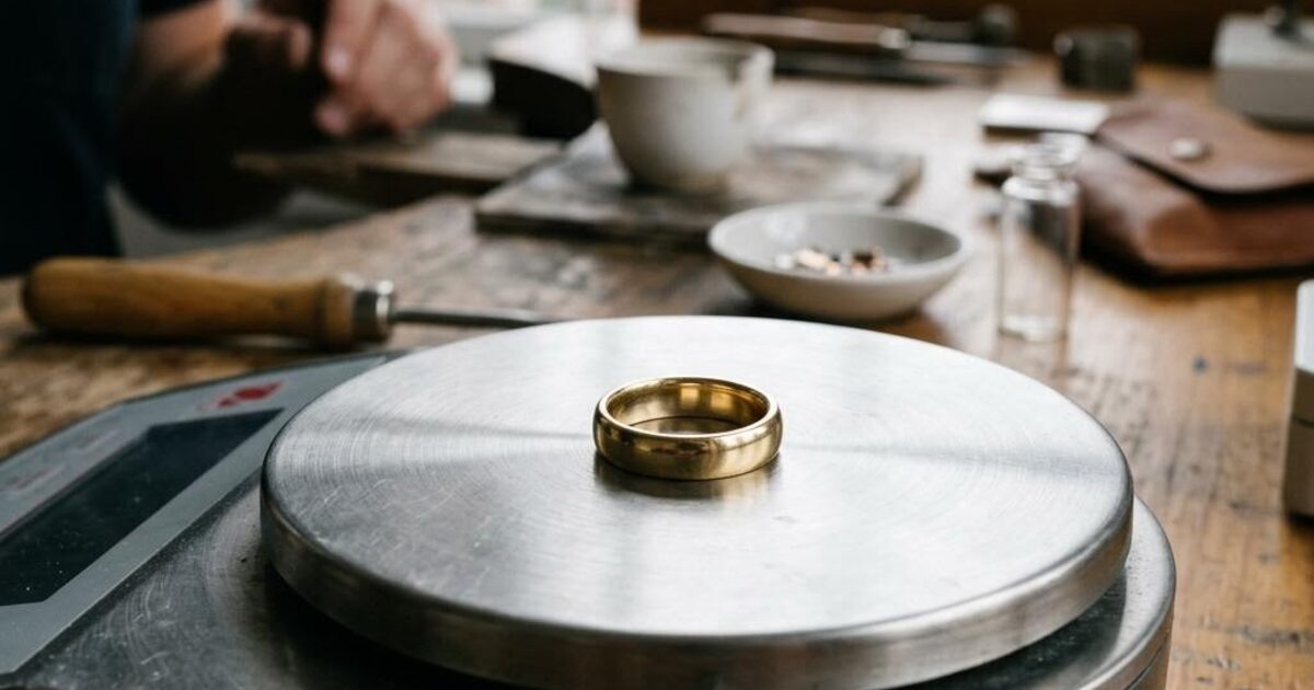 Concept illustration of a gold ring on the tray of a precision jewelry scale