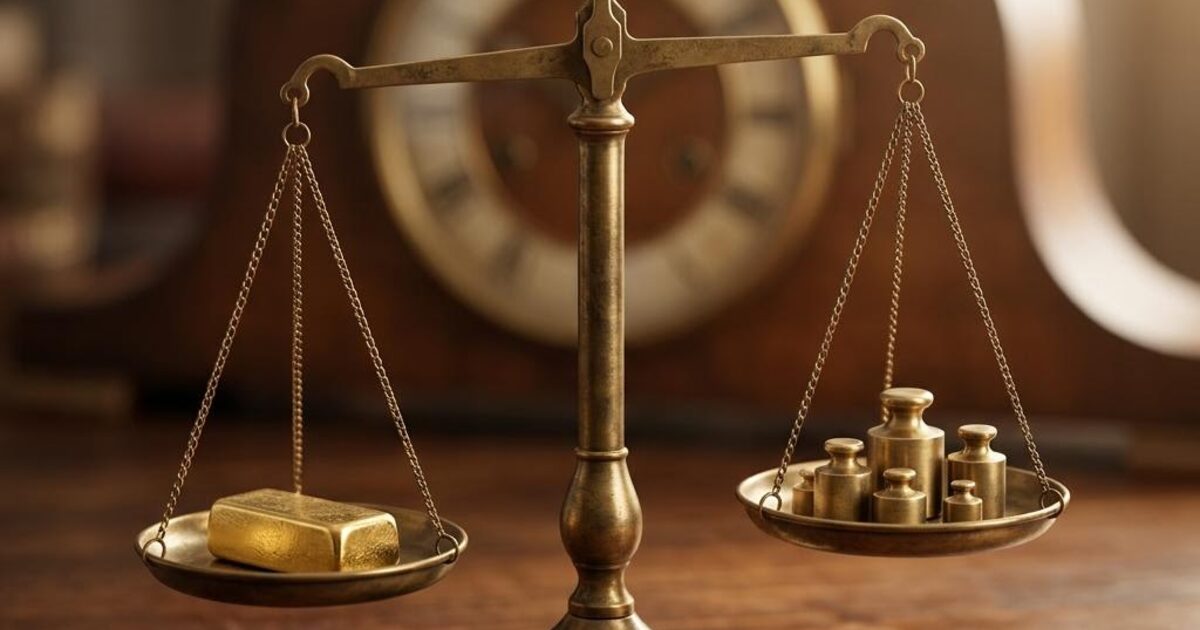 Concept illustration of a gold bar on brass balance scales with a clock in the background