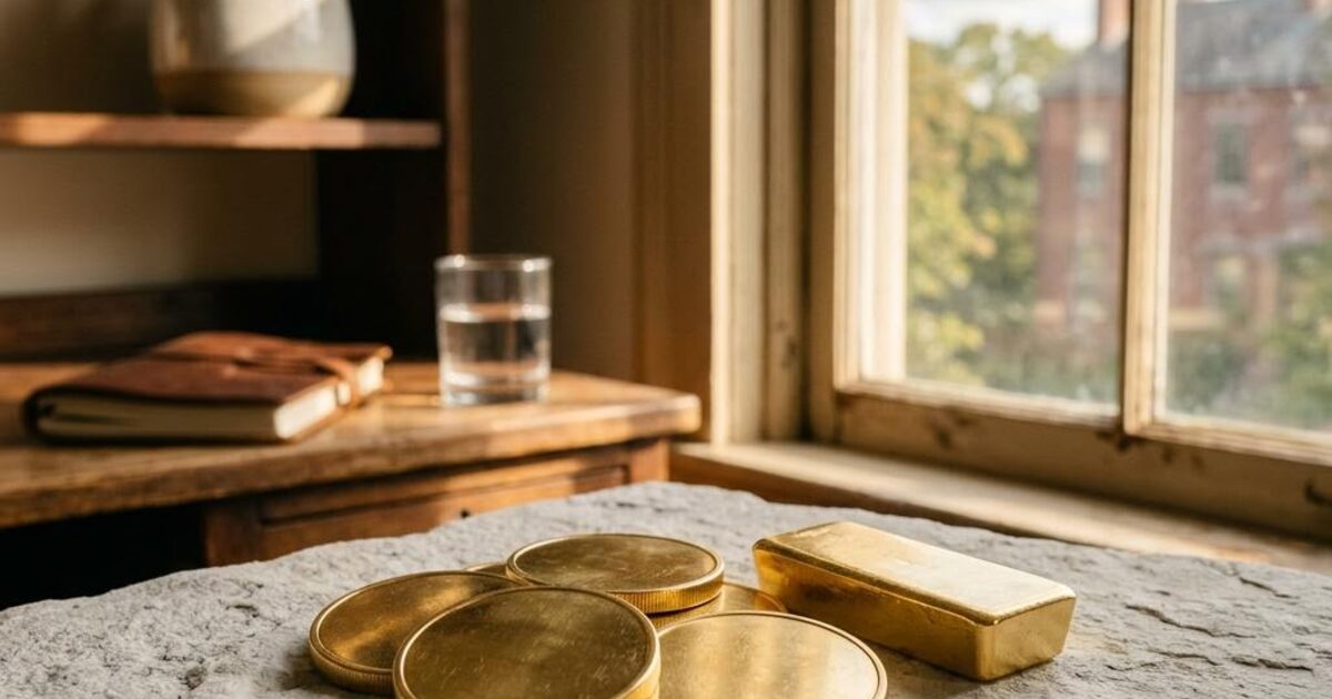 Concept illustration of gold bullion rounds as sunlight breaks through a cloudy window
