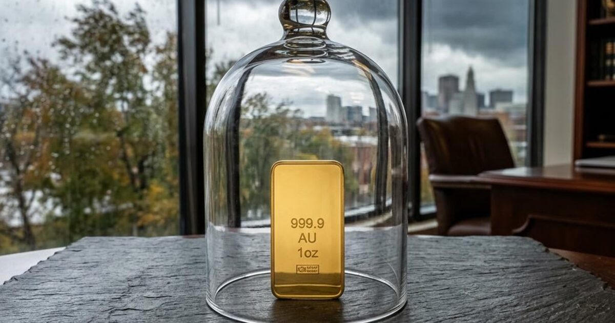 Concept illustration of a gold bar protected by a glass cloche beside a stormy window