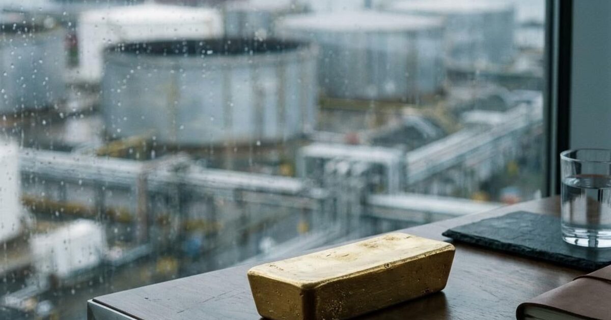 Concept illustration of gold bullion with distant oil storage tanks behind a rainy window
